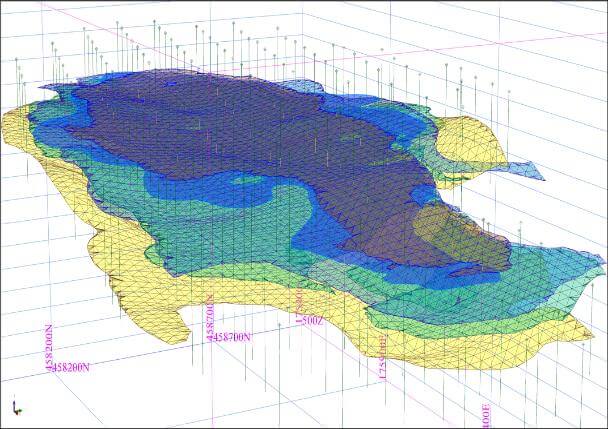 3D-Visualisierung geologischer Lagerstättenmodelle in Luena Süd und Kisulu, DR Kongo.