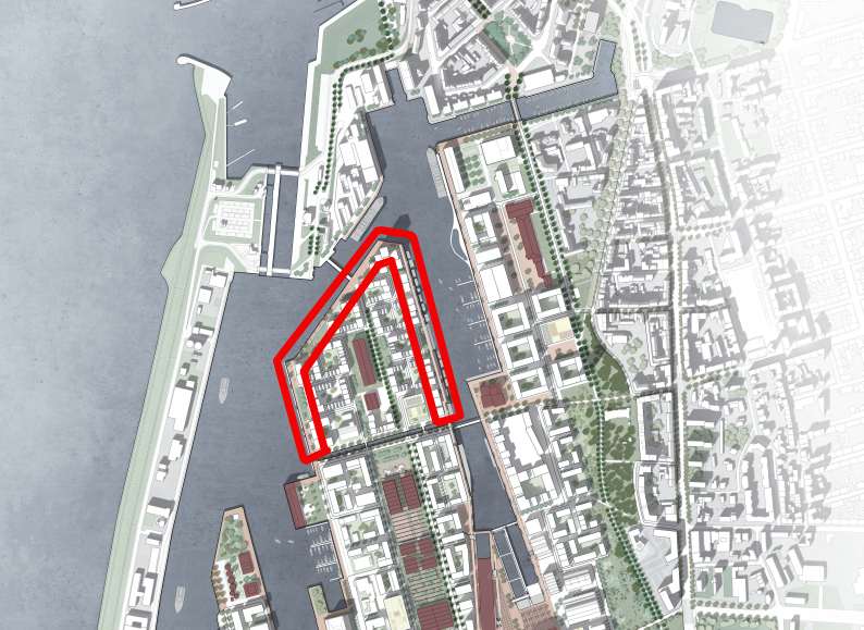 Blick auf die Külkenhalbinsel in Bremerhaven während der Kajensanierung, mit Baustellenfahrzeugen und Arbeiten im Gange.